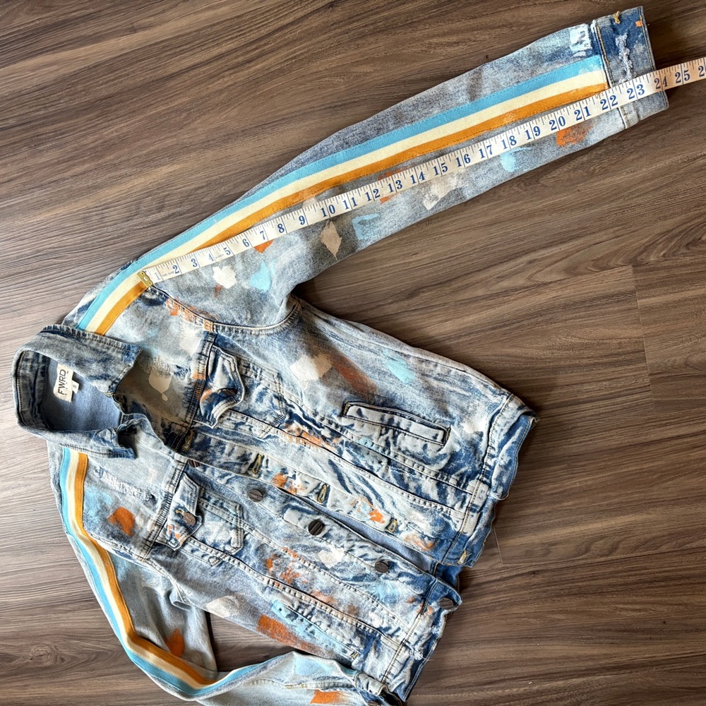 FWRD Denim Ice Blue & Gold Stripe with Paint Splatter Badass Jacket - Picture 6 of 11